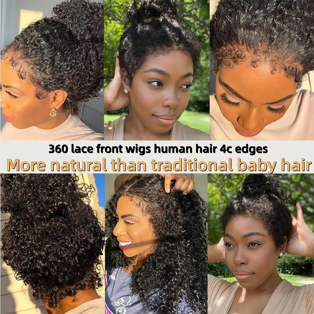 4C kinky Edges Invisible Drawstring 360 Full HD Lace Front Wigs Human Hair Wigs With Kinky Curly Baby Hair Around Glueless Wigs