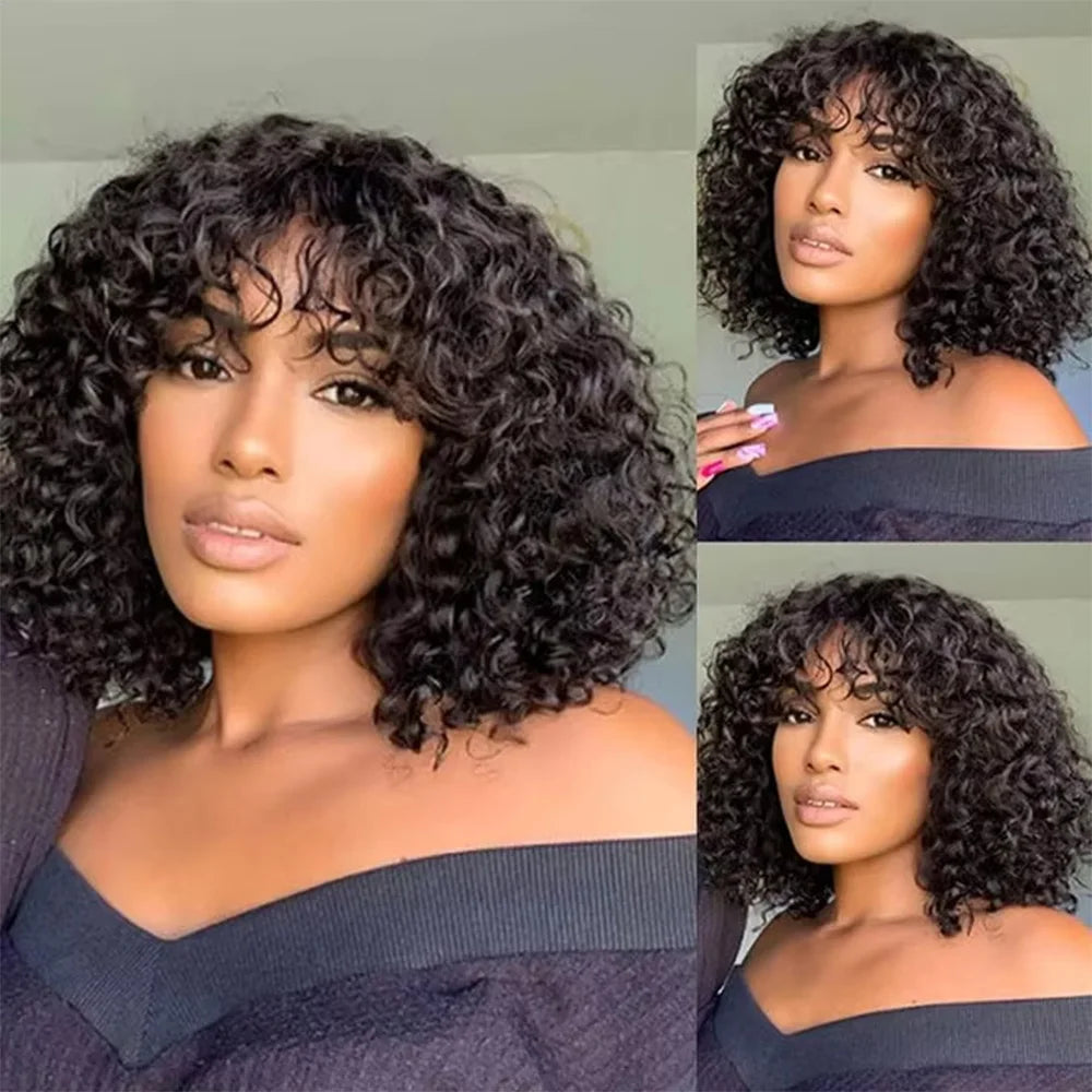 Lafino Full Curly Bob Wigs Human Hair Wigs Afro Curly Wigs With Bangs Glueless Wear Go Curly Bob Wigs Brazilian Human Hair Wigs