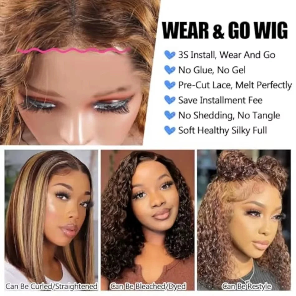 5X5 Hd Lace Closure Frontal Wig Highlight Ombre Glueless Deep Wave Bob Wig Human Hair 100% Curly Short Honey Blonde Colored Wig