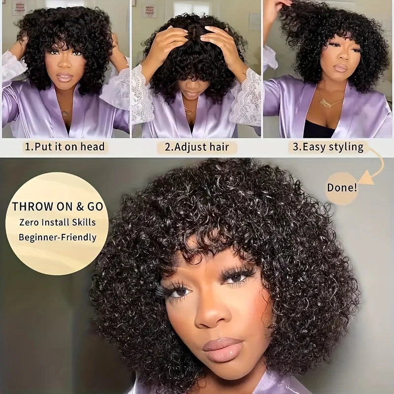 Lafino Full Curly Bob Wigs Human Hair Wigs Afro Curly Wigs With Bangs Glueless Wear Go Curly Bob Wigs Brazilian Human Hair Wigs