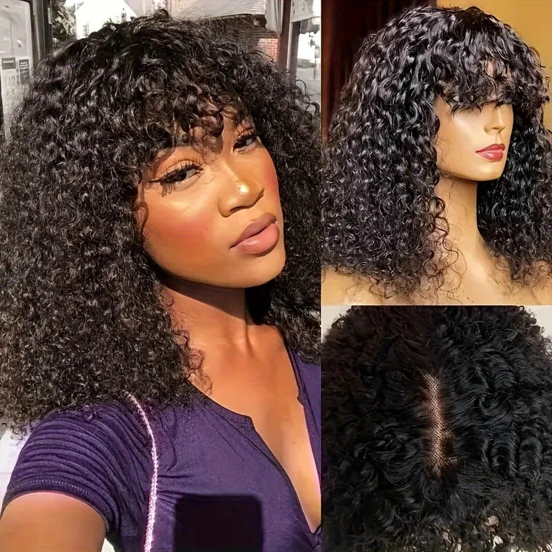 Lafino Full Curly Bob Wigs Human Hair Wigs Afro Curly Wigs With Bangs Glueless Wear Go Curly Bob Wigs Brazilian Human Hair Wigs