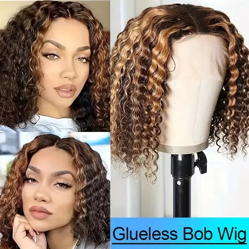 5X5 Hd Lace Closure Frontal Wig Highlight Ombre Glueless Deep Wave Bob Wig Human Hair 100% Curly Short Honey Blonde Colored Wig