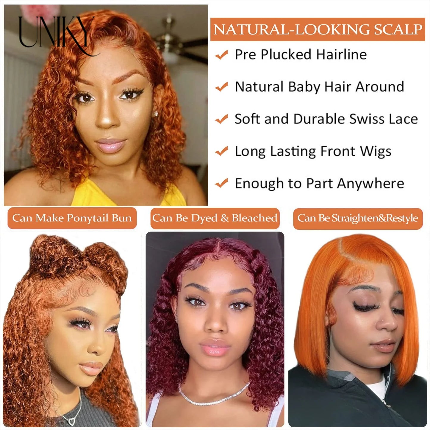13x4 HD Lace Front Bob Wig for Women Deep Wave Short Remy Human Hair Ginger Orange Color Frontal Glueless Pre Plucked