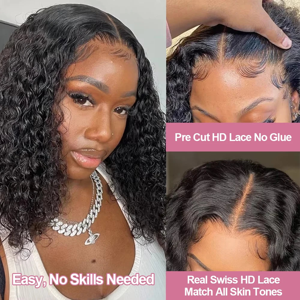 Glueless Deep Wave Wig Human Hair 13x4 7x5 No Glue Bob Wig Ready To Wear Preplucked Curly 13x6 Lace Frontal Wigs For Women 250%