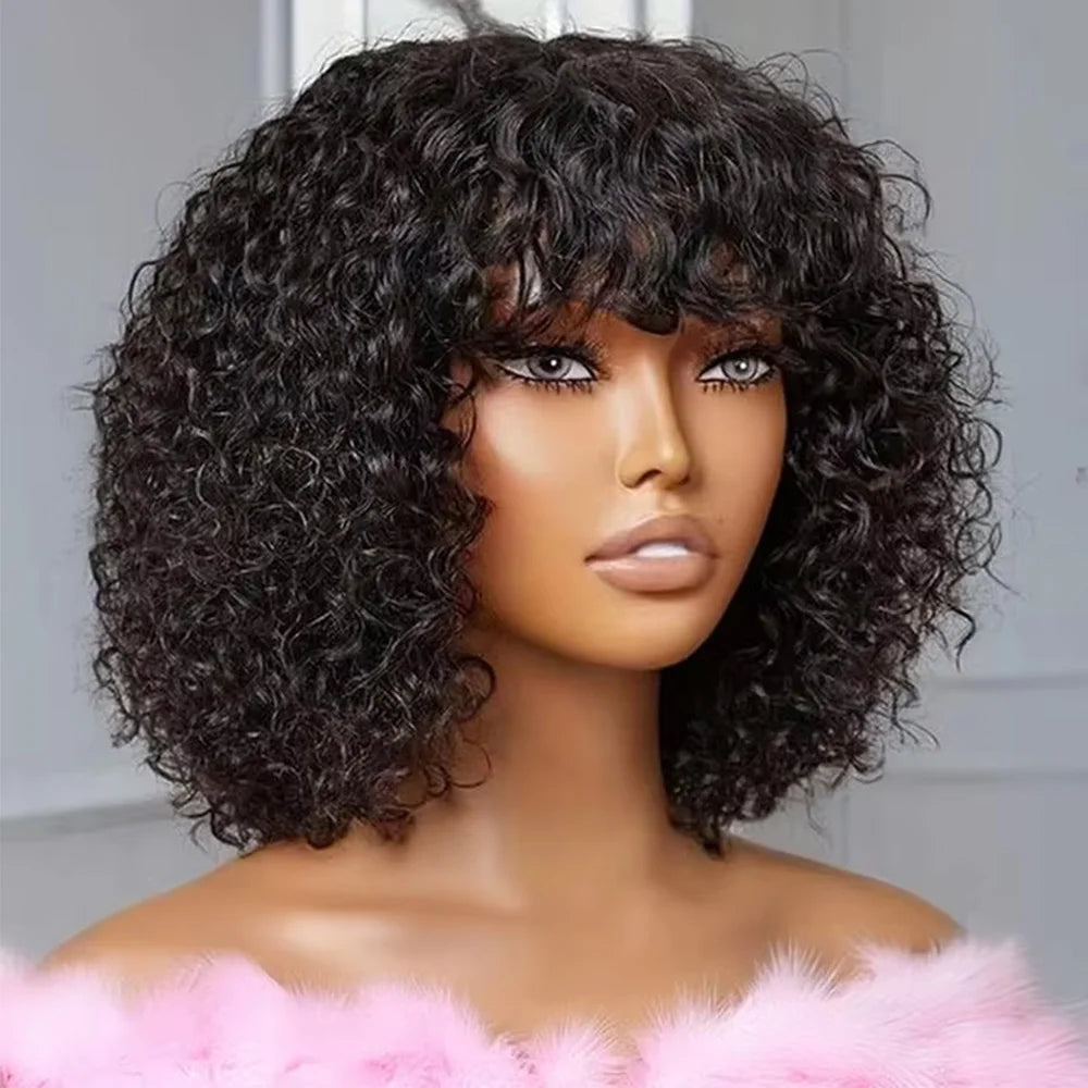 Lafino Full Curly Bob Wigs Human Hair Wigs Afro Curly Wigs With Bangs Glueless Wear Go Curly Bob Wigs Brazilian Human Hair Wigs