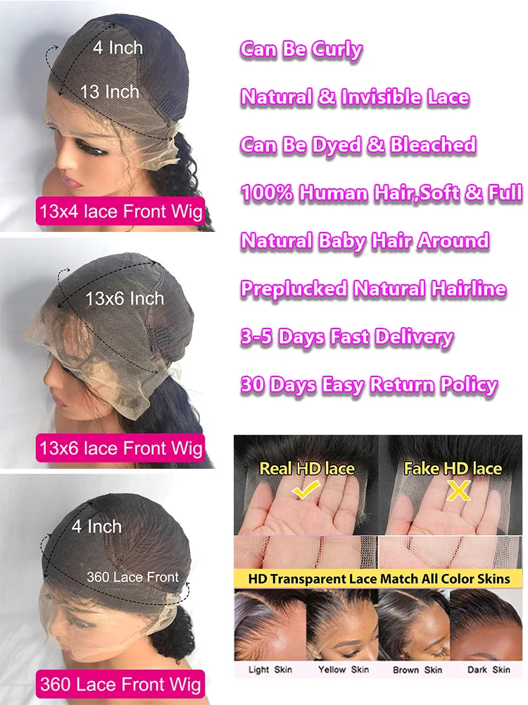 250 Density Deep Wave Lace Front Wig 13x6 Hd Lace Frontal Wig 13x4 Curly Human Hair Wigs For Women 360 Pre Plucked Lace Wig