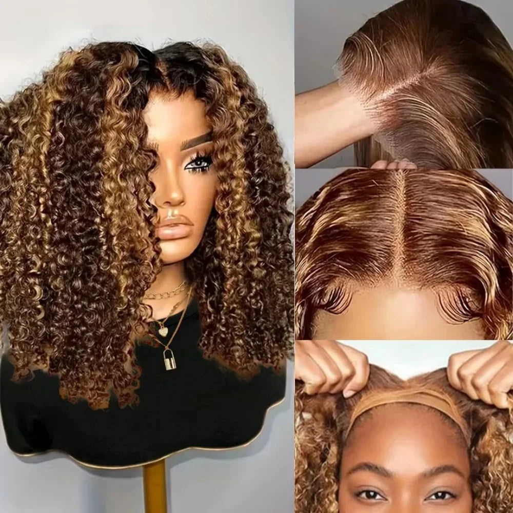 5X5 Hd Lace Closure Frontal Wig Highlight Ombre Glueless Deep Wave Bob Wig Human Hair 100% Curly Short Honey Blonde Colored Wig