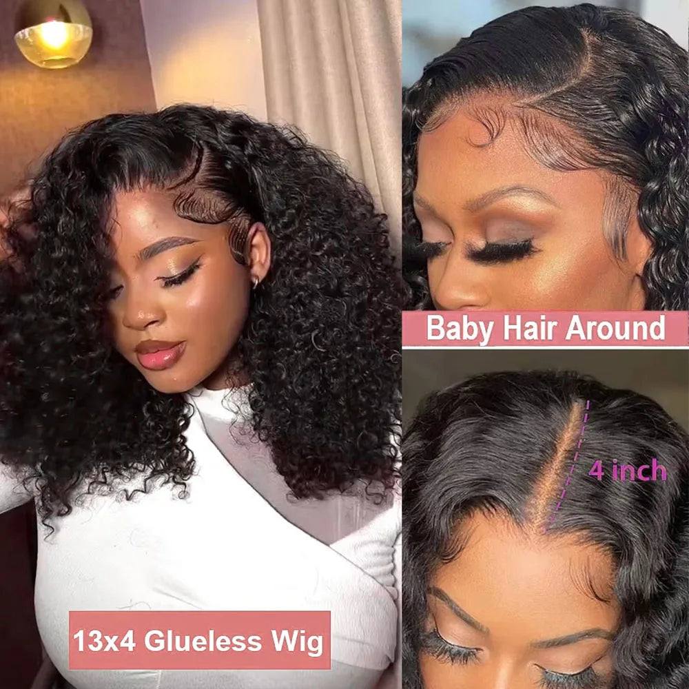 Deep Wave 7x5 Glueless Bob Wigs Ready to Wear Human Hair Wear And Go No Glue Curly Lace Front Wigs Pre Plucked Pre Cut Lace Wigs