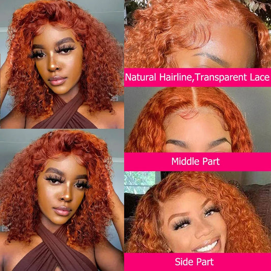 13x4 HD Lace Front Bob Wig for Women Deep Wave Short Remy Human Hair Ginger Orange Color Frontal Glueless Pre Plucked