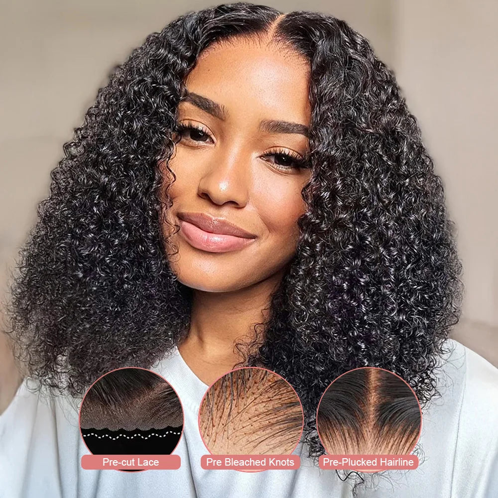 Deep Wave 7x5 Glueless Bob Wigs Ready to Wear Human Hair Wear And Go No Glue Curly Lace Front Wigs Pre Plucked Pre Cut Lace Wigs