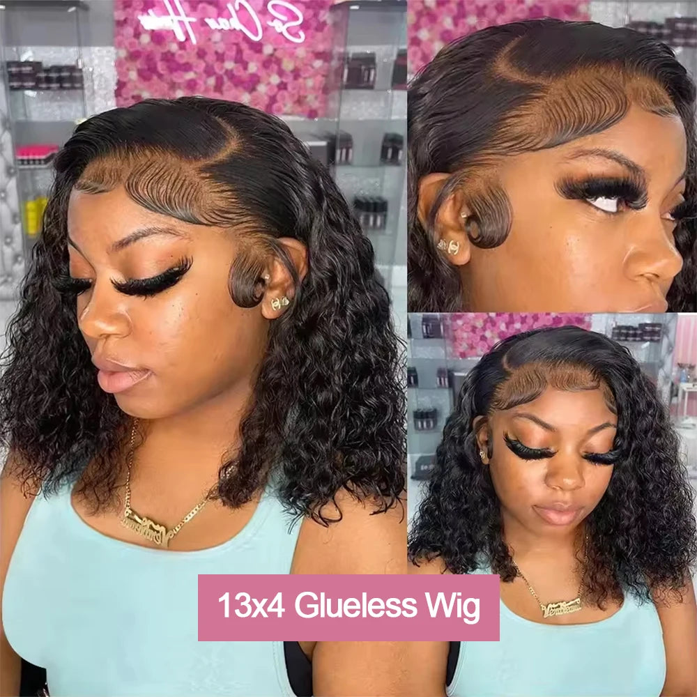 250% Density No Glue 13x4 Pre Cut Lace Wigs Deep Wave Lace Front Human Hair Wig Short Bob Ready To Wear 7x5 Curly Glueless Wigs