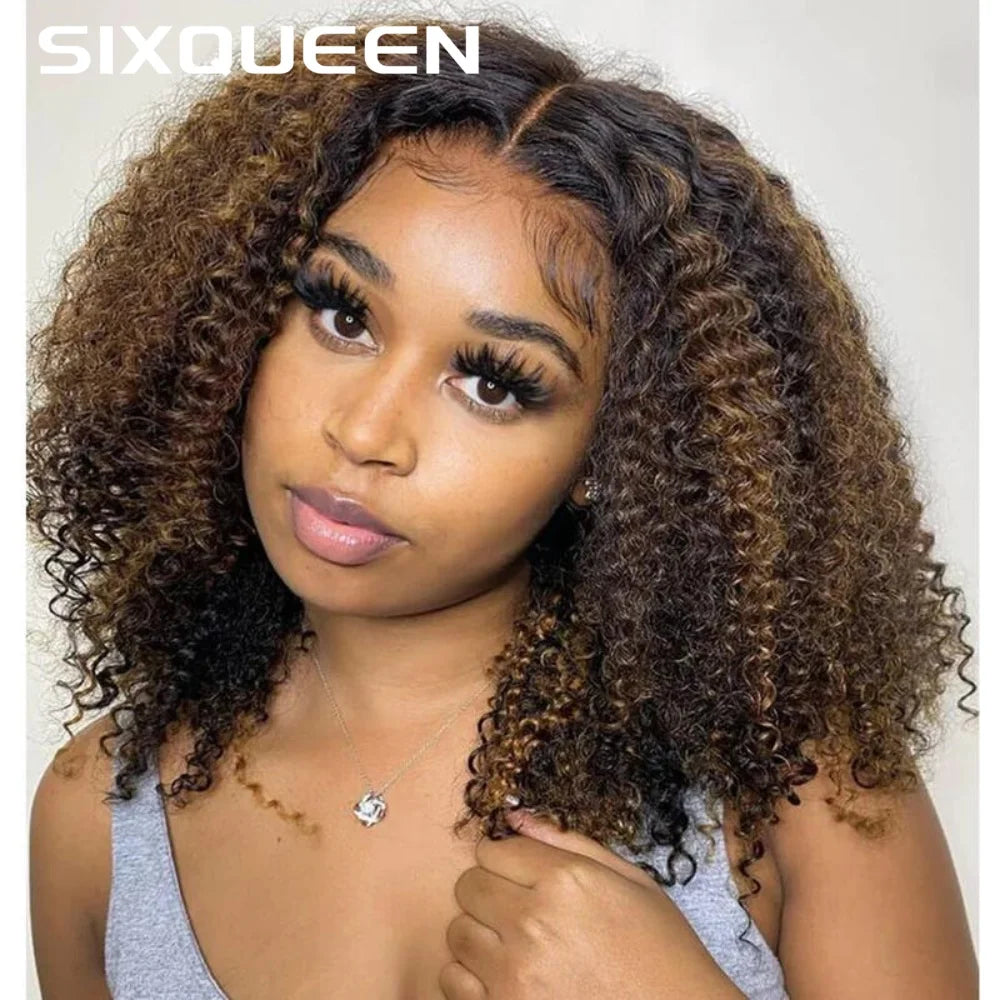 5X5 Hd Lace Closure Frontal Wig Highlight Ombre Glueless Deep Wave Bob Wig Human Hair 100% Curly Short Honey Blonde Colored Wig