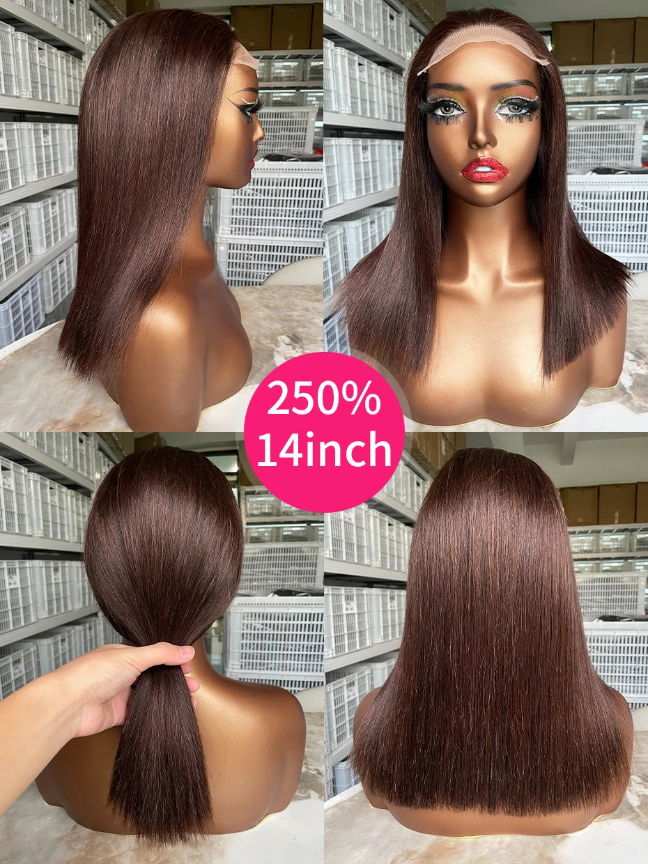 #2 Brown Chocolate Color 250 Density Lace Frontal Wig Human Hair Raw Vietnamese Double Drawn 13x4 Bob Lace Front Human Hair Wigs
