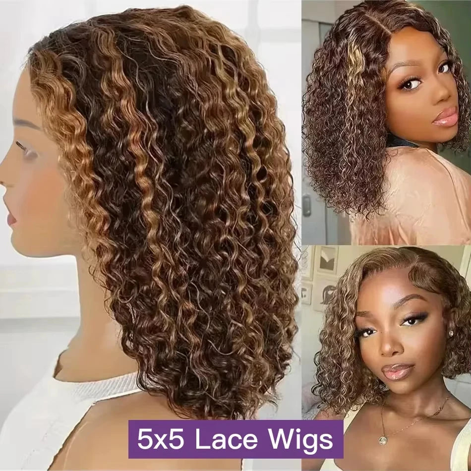 5X5 Hd Lace Closure Frontal Wig Highlight Ombre Glueless Deep Wave Bob Wig Human Hair 100% Curly Short Honey Blonde Colored Wig