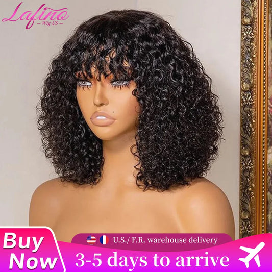 Lafino Full Curly Bob Wigs Human Hair Wigs Afro Curly Wigs With Bangs Glueless Wear Go Curly Bob Wigs Brazilian Human Hair Wigs