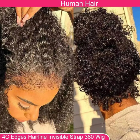 4C kinky Edges Invisible Drawstring 360 Full HD Lace Front Wigs Human Hair Wigs With Kinky Curly Baby Hair Around Glueless Wigs