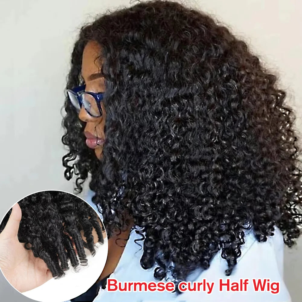 Half Wig Burmese Curly Glueless Human Hair Wigs With Drawstring Seamless Clip 250 Density Beginner Friendly Curly Wigs For Women