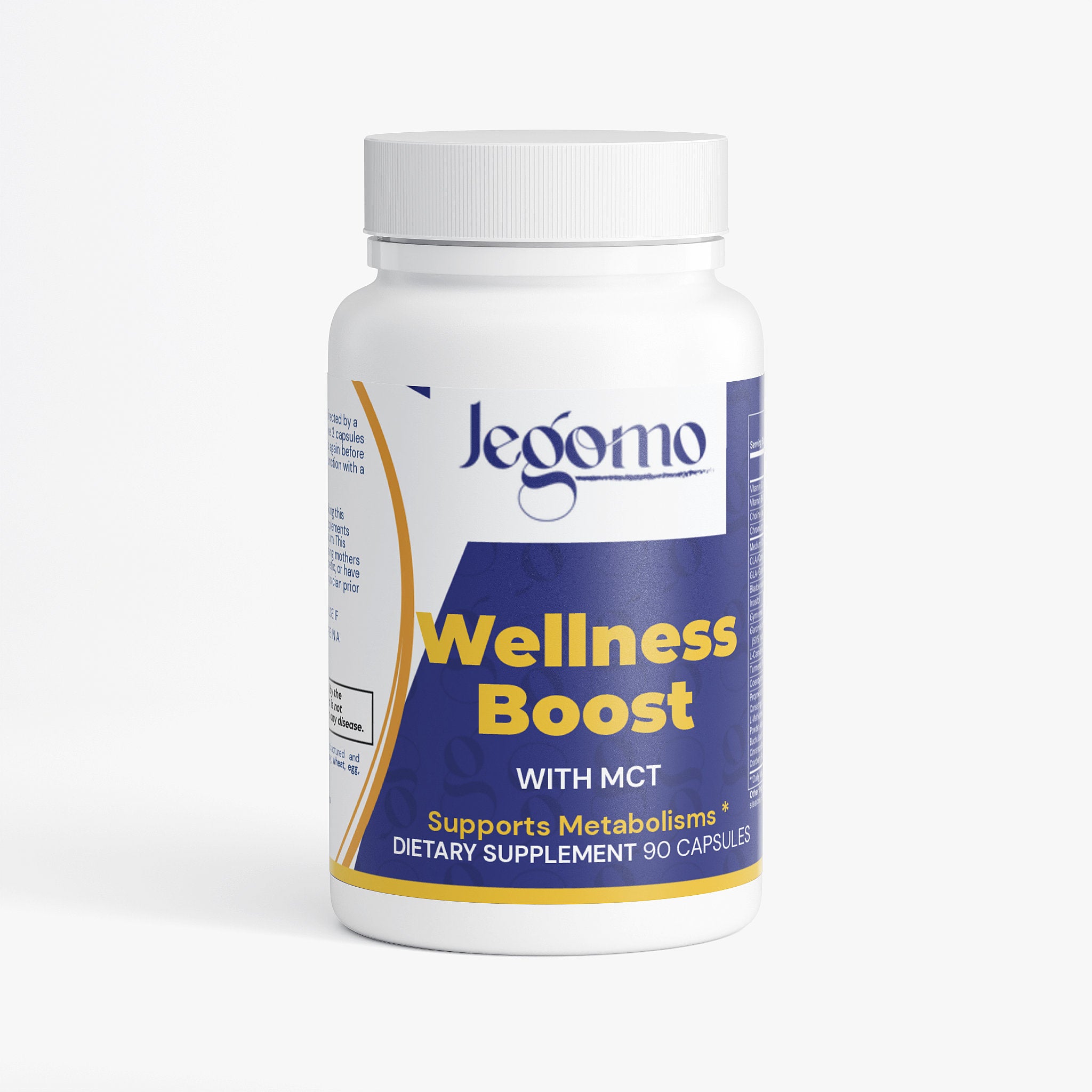 Supplement bottle labeled 'Jegomo Wellness Boost' on a white background