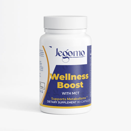 Supplement bottle labeled 'Jegomo Wellness Boost' on a white background